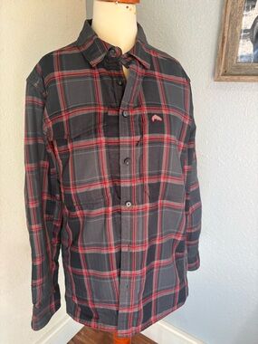 Simms ColdWeather Flannel Shirt Mens Small S Red Black Plaid Waffle Fleece Lined